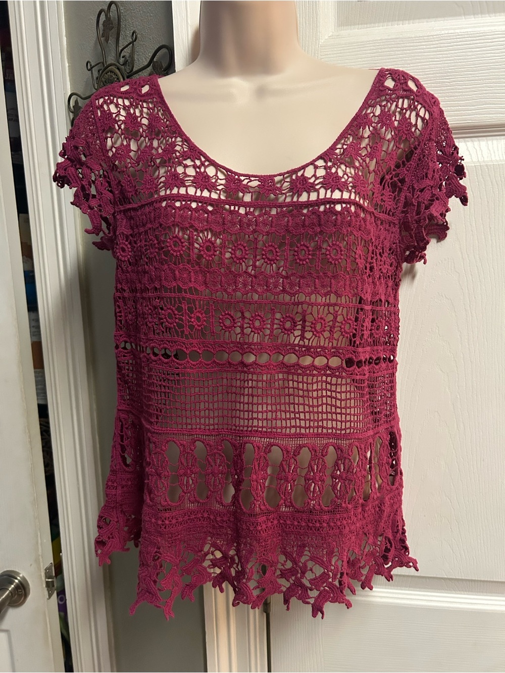 Maurices Crochet Lace Short Sleeve Top - Raspberry Pink Open Knit Fairy Festival